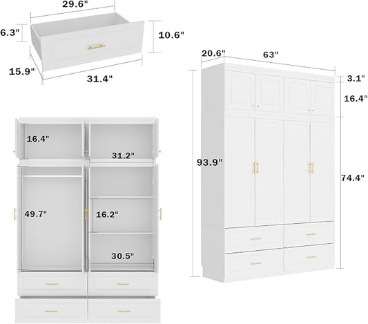 MOUMON 4 Door Wardrobe Closet with Drawers & Shelves, Armoire Closet with Hanging Rod, Wardrobe Cabinet with Gold Metal Handles, Top Cube Storage, White (63”W x 20.6”D x 94.7”H)