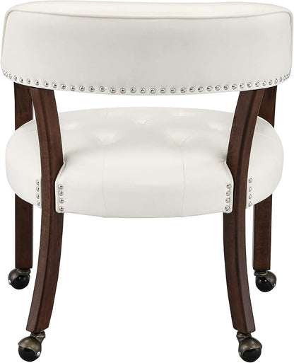 LEEMTORIG Set of 4 Large Dining Chairs with Casters and Arms, Rolling Dining Chairs with Wheels, Poker Chairs, Solid Wood Boss Caption's Chairs, 26"D x 25.2"W x 31.5"H, Cherry Legs & Ivory, SY-1533-WT