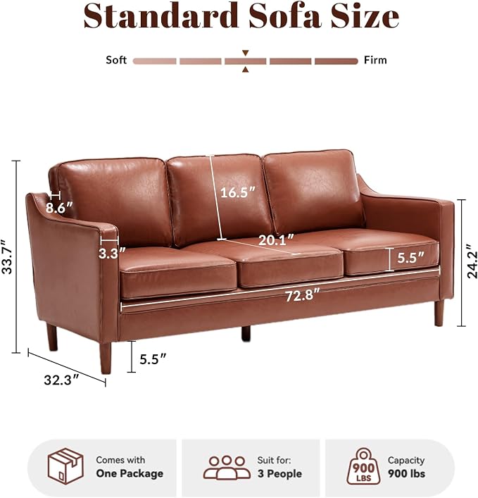 Kingfun 80" Faux Leather Sofa, 3 Seater Couch, Mid Century Modern Couches with Solid Wood Legs for Living Room Bedroom