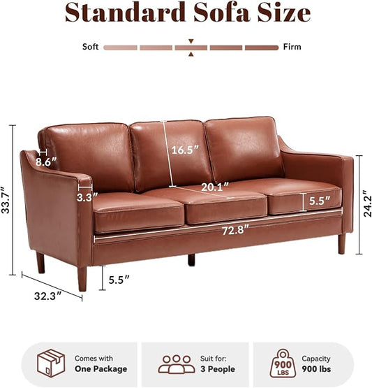 Kingfun 80" Faux Leather Sofa, 3 Seater Couch, Mid Century Modern Couches with Solid Wood Legs for Living Room Bedroom