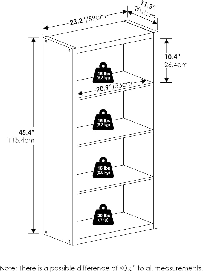 Furinno Viola 4-Tier Book Shelf, Extra Thick Frame Bookshelf, Dark Oak | Open Shelf, Open Back Design, 11.3" x 23.2" x 45.4", for Living Room, Bedroom, Home Office