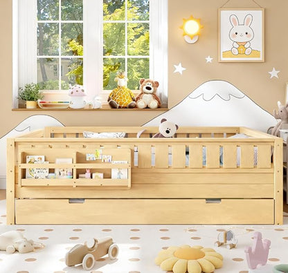 Bellemave Queen Size Kids Bed with high Rails and with Built-in Bookshelf and Trundle for Kids, Girls, Boys, Wood Montessori Bed Without Door, Light Natural