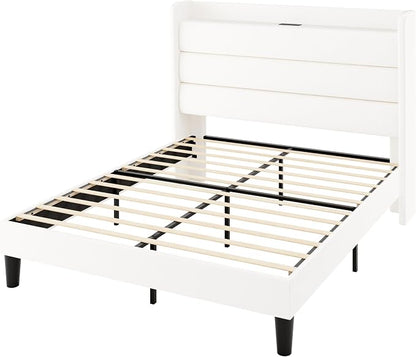 Allewie Full Size Upholstered Bed Frame with Charging Station & Storage Headboard, Soft Velvet Wingback Platform Bed, Strong Wooden Slats Support, No Box Spring Needed, Easy Assembly, White