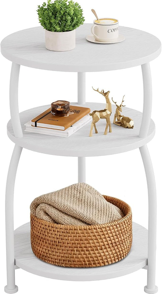 Round Side Table, 3-Tier End Table with Storage Shelf, 15.7" Wide Nightstand for Small Spaces, Tall Sofa Table Capable of Holding Laptops & Lamps, Bedside Table for Bedroom & Living Room, White