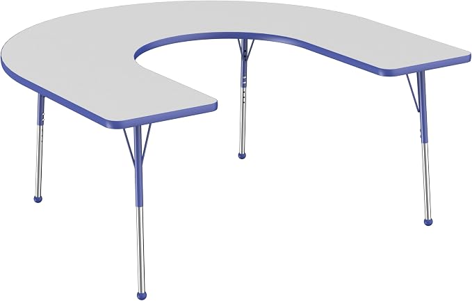 FDP Horseshoe Activity School and Office Table (60 x 66 inch), Standard Legs with Ball Glides for Collaborative Seating Environments, Adjustable Height 19-30 inches - Gray Top and Blue Edge