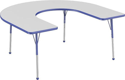 FDP Horseshoe Activity School and Office Table (60 x 66 inch), Standard Legs with Ball Glides for Collaborative Seating Environments, Adjustable Height 19-30 inches - Gray Top and Blue Edge
