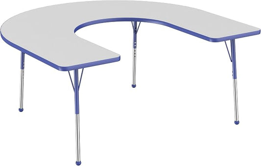 FDP Horseshoe Activity School and Office Table (60 x 66 inch), Standard Legs with Ball Glides for Collaborative Seating Environments, Adjustable Height 19-30 inches - Gray Top and Blue Edge