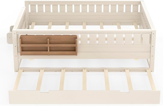 Bellemave Queen Kids Montessori Bed with Stairs, Bookshelf and Trundle, Solid Wood Kids Bed Frame with Storage for Boys Girls, Low Profile,Beige