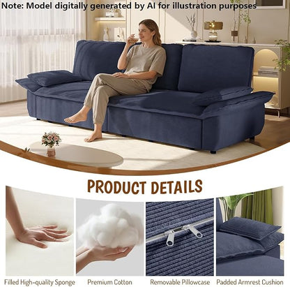 94.5'' Sleeper Sofa Bed King Size, Modern Corduroy Pull Out Couch, 3-in-1 Convertible Futon Sofa, 3 Seater Couches, Cloud Recliner, Pillow Arm, for Living Room, Apartment, Offices, Dark Blue