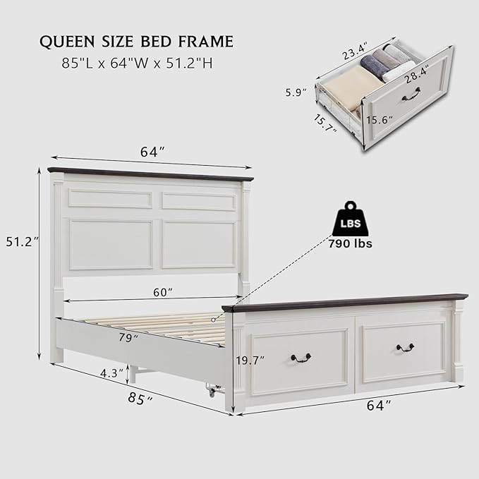 Aitjunz Farmhouse Queen Size Bed Frame with 51" Tall Headboard, Wood Platform Bed Frame with 20" Tall Roman Column Decoration Footboard & 2 Large Storage Drawers, No Box Spring Needed (White)