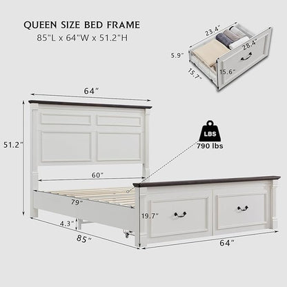 Aitjunz Farmhouse Queen Size Bed Frame with 51" Tall Headboard, Wood Platform Bed Frame with 20" Tall Roman Column Decoration Footboard & 2 Large Storage Drawers, No Box Spring Needed (White)