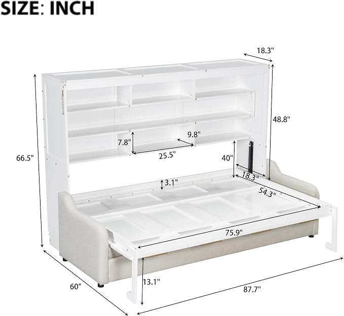 MERITLINE Full Horizontal Murphy Bed with Sofa and Storage Shelves, LED Light, Solid Wood Space Saving Hideaway Murphy Wall Bed with Couch and Storage for Adults (Beige,Full)