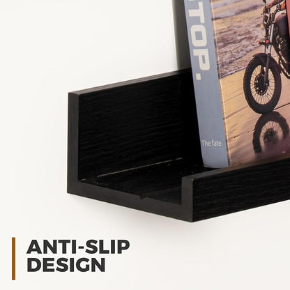 Muzilife 16" Floating Wall Ledge Shelves with Lip - Set of 2 Wood Floating Shelves - Black Wall Mounted Picture Ledge for Office, Bathroom, Bedroom, Living Room, Kitchen