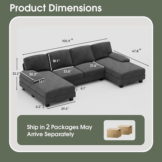 Furniwell Convertible Sectional Sofa Couch, 4 Seat Sofa Set for Living Room U-Shaped Modern Fabric Modular Sofa Sleeper with Double Chaise & Memory Foam (Corduroy, Deep Grey)