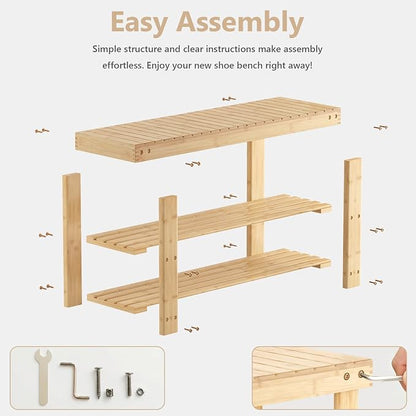 Sweetcrispy 3-Tier Shoe Rack Bench for Entryway, 19 Inches, Wood | Bamboo Shoe Storage Bench, Shoes Rack for Entrance, Bedroom, Living Room, Balcony, 4 Pairs