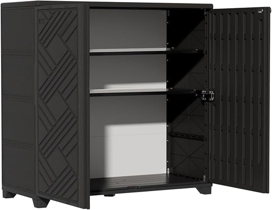 ZZM Indoor/Outdoor Storage Cabinet Waterproof, 34"x15"x34" Plastic Outdoor Storage Box for Garden Balcony Bathroom, All Weather Outdoor Storage Clearance, DIY Usage, with 2 Shelf (Black)