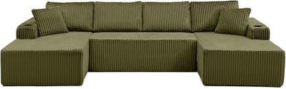 124" Modular Sectional Sleeper Sofa, Boneless Cloud Couch for Living Room, U Shaped 5 Seat Sofa with 2 Storage Pockets& 2 Cup Holders, Free Combination, No Assembly Required