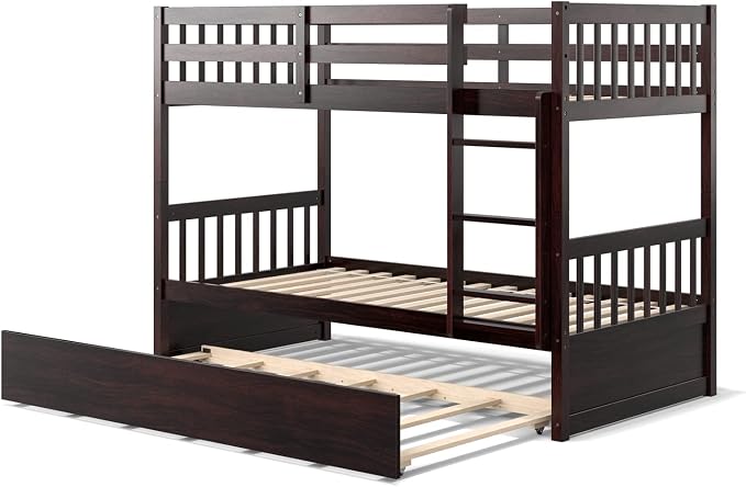 KOMFOTT Wood Twin Over Twin Bunk Bed with Trundle, Solid Pine Wood Bunk Bed Frame with Ladder & Safety Guardrails, Space-Saving Convertible Twin Bed Frame for Home & Dormitory, No Box Spring Needed
