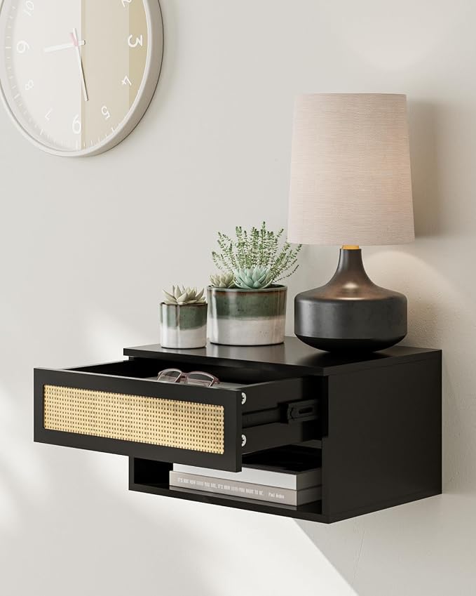 Floating Nightstand With Drawer - Small Modern Shelves for Bedroom, Bathroom (Black Rattan)