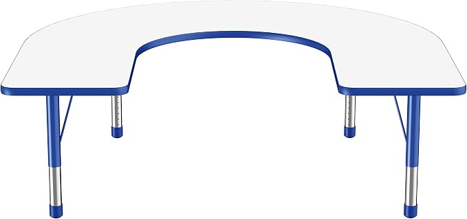 FDP Dry-Erase Horseshoe Activity School and Classroom Kids Table (60 x 66 inch), Chunky Toddler Legs for Collaborative Spaces, Adjustable Height 15-24 inches - Whiteboard Top, Blue Edge and Legs