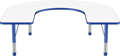 FDP Dry-Erase Horseshoe Activity School and Classroom Kids Table (60 x 66 inch), Chunky Toddler Legs for Collaborative Spaces, Adjustable Height 15-24 inches - Whiteboard Top, Blue Edge and Legs