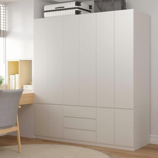 Mekminop Large Armoire Wardrobe Closet with Drawers and Shelves, White Bedroom Armoires with 6 Doors 2 Hanging Rods, Wooden Freestanding Wardrobe Armoire for Bedroom Organizer，23.6"D x 70.8"W x 77.8"H