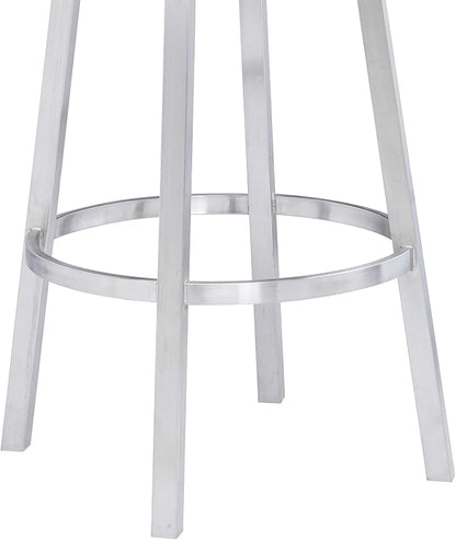 Armen Living Madrid 30" Seat Height Swivel White Faux Leather and Brushed Stainless Steel Bar Stool for Kitchen Island Counter