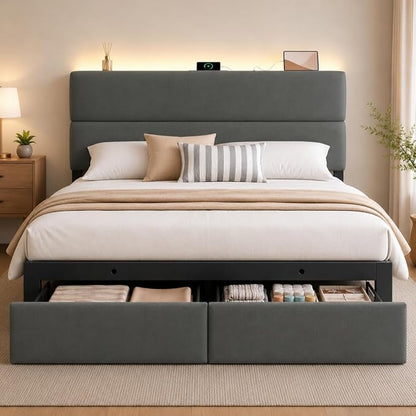 Queen Bed Frame with 2 Storage Drawers, Grey Velvet Upholstered | Platform Bed with Charging Ledge, LED Headboard Lighting, Metal Support, Noise Free, No Box Spring Needed, Easy Assembly