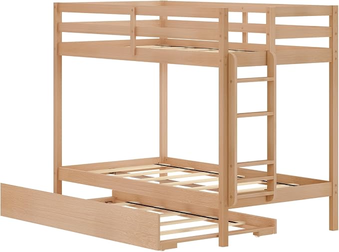 Grain & Grove Bear Twin Over Twin Bunk Bed with Trundle Bed, Sturdy Bunk Bed Frame for Kids, Plywood Bunk with Ladder, Guardrail, and Slats, No Box Spring Required, Oak Embossed Natural