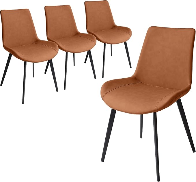 HIPIHOM Dining Chairs Set of 4, Modern Kitchen & Dining Room Chairs, Upholstered Faux Leather Cushion Seat and Sturdy Metal Legs (4 Brown Chairs)
