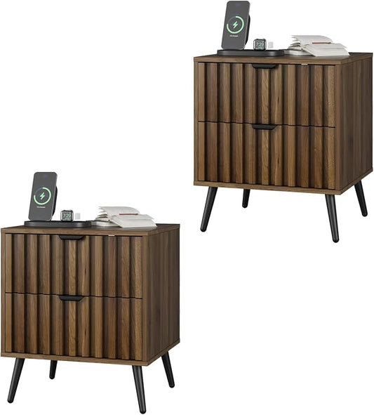 Smuxee Walnut Wooden Night Stand Set of 2, Mid Century Nightstand with 2 Fluted Drawers, Bedside Table with Open Shelf, Modern End Side Table for Bedroom