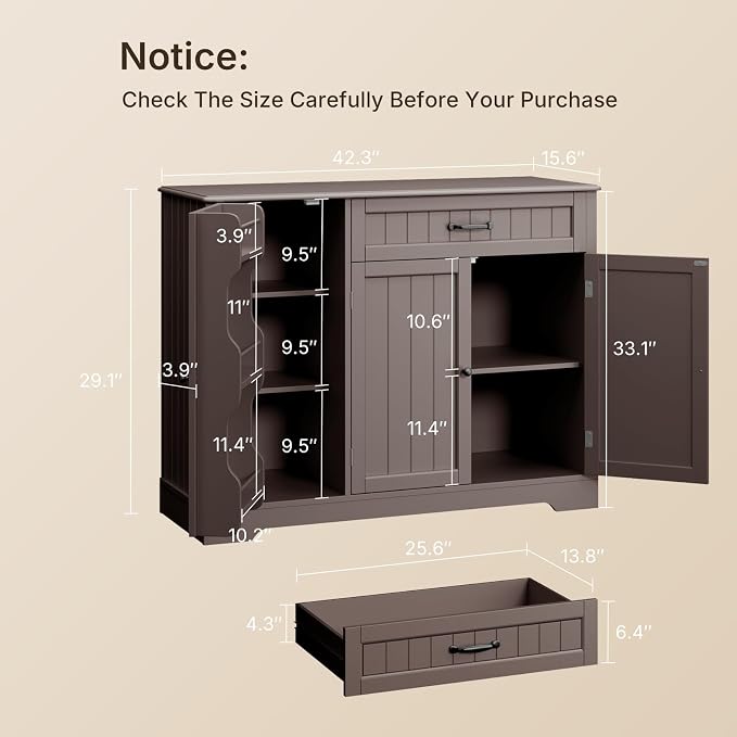 Gizoon Kitchen Coffee Bar Cabinet with Storage Kitchen Sideboard Buffet Cabinet with Drawers, Short Pantry with Door and Shelves for Bathroom and Living Room, Dark Brown, Painted