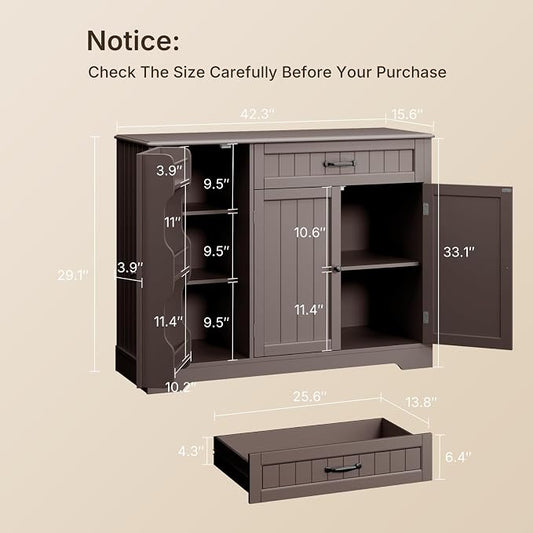 Gizoon Kitchen Coffee Bar Cabinet with Storage Kitchen Sideboard Buffet Cabinet with Drawers, Short Pantry with Door and Shelves for Bathroom and Living Room, Dark Brown, Painted