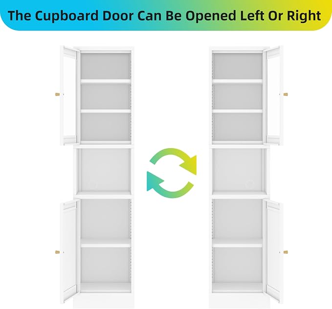 69" Tall Metal Pantry Cabinet with Microwave Stand,Microwave Storage Cabinet with 2 Doors & 3 Adjustable Shelves for Kitchen (2 Glass Doors-White, 11.81" D x 15.75" W x 66.93" H)
