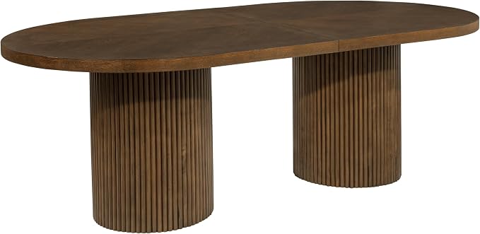 Dobby 90"-123" Extendable Oval Wooden Dining Table, Brown | Mid Century Modern, Double Pedestal Base, For 6 People, Large