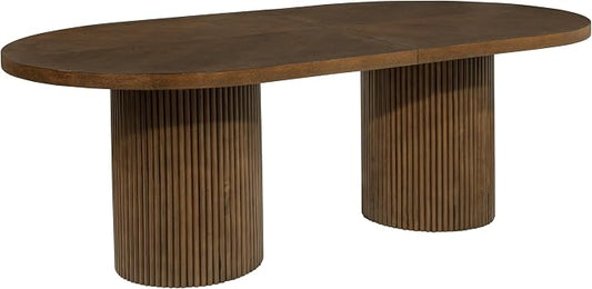 Dobby 90"-123" Extendable Oval Wooden Dining Table, Brown | Mid Century Modern, Double Pedestal Base, For 6 People, Large