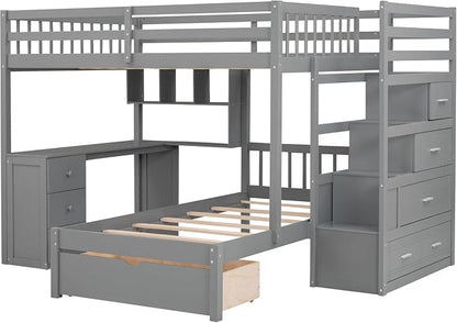 MERITLINE Full Over Twin L Shaped Bunk Bed with Stairs and Desk,Solid Wood L-Shaped Bunk Bed with Storage Drawers,Shelves,Ladder,Headboard and Guardrail,No Box Spring Needed (Grey)