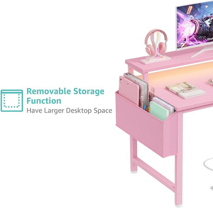 Lufeiya Small Girls Desk with Power Outlets and LED Lights, 32 Inch Gaming Desk Table with Charging Station, Home Office Computer Desks with Monitor, Pink