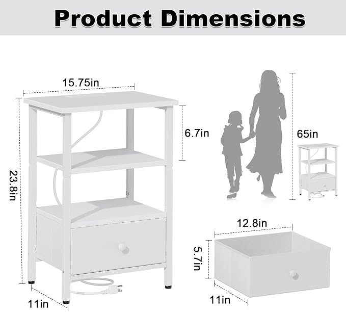 Side Table with Charging Station, Nightstand with Adjustable Fabric Drawer, Bedside Table for Bedrooms, Living Rooms & Home Decor (White)