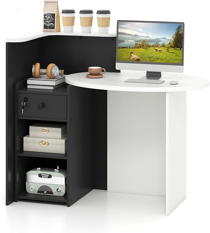 Reception Desk, Retail Checkout Counter w/Lockable Drawer & Open Shelves, Computer Workstation, Small Front Desk Reception Counter for Company Lobby Store Salon Office (White & Black)