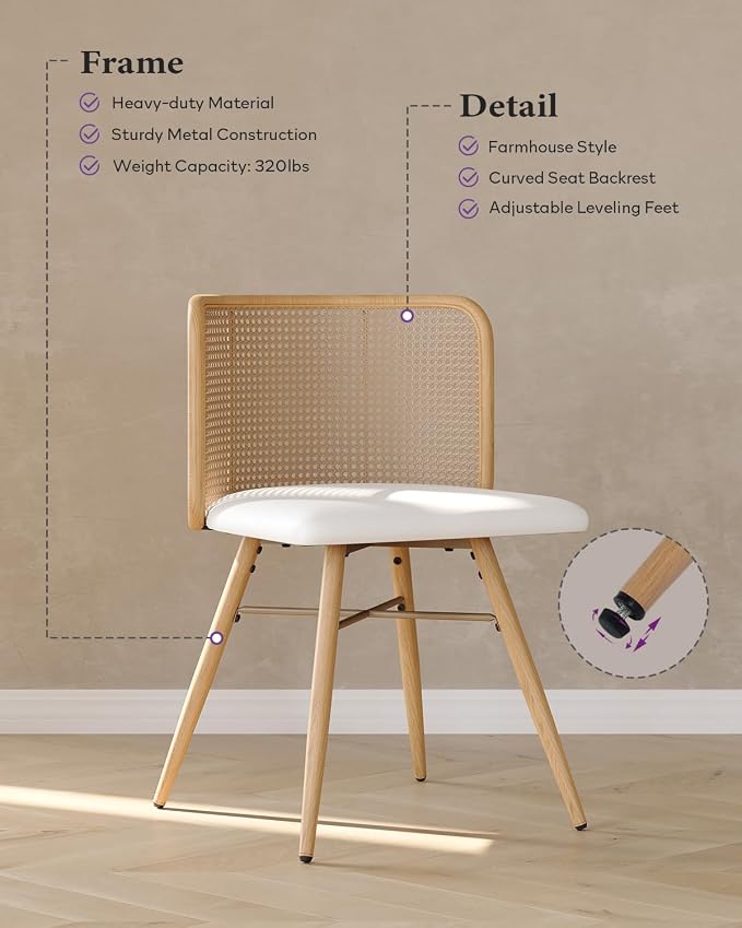 TYBOATLE Farmhouse Rattan Dining Chairs Set of 2 (Cream White) | Boho, Natural Cane Woven Back, Faux Leather Seat, Metal Legs, Upholstered, Kitchen, Dining Room