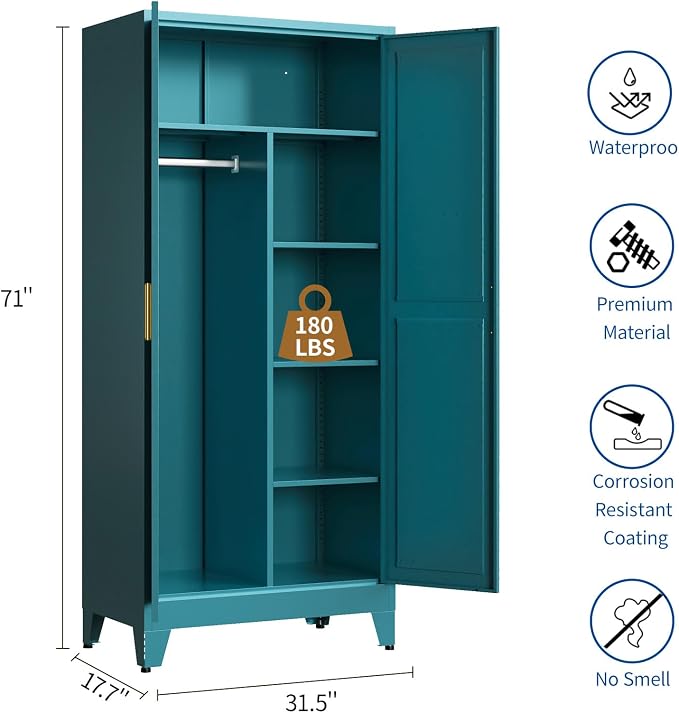Steel Armoire Wardrobe Closet, 71" Metal Clothing Storage Cabinets with 2 Doors & 3 Adjustable Shelves, Blue Wardrobe Cabinet with Hanging Rod for Bedroom, Gym