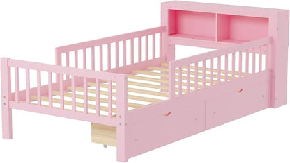 Kids Twin Size Bed Frame with Storage Drawers and Bookcase,Wood Twin Bed Frames for Kids,Twin Bed Frame with Headboard and Footboard for Boys Girls,No Box Spring Needed,Pink