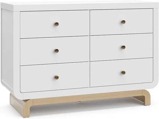 Storkcraft Santorini 6 Drawer Double Dresser (White with Driftwood) - GREENGUARD Gold Certified, Interlocking Drawer System, Dresser Drawer Organizer for Kids Bedroom