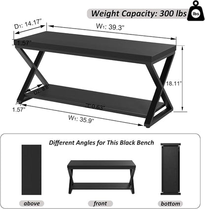 IBF Black Bench for Entryway, Black Modern Wood Bench for Bedroom Hallway Foyer, Farmhouse Entry Way Home Organizer Shoe Bench Seat with Storage Rack Indoor Under Window, 39 Inch Long