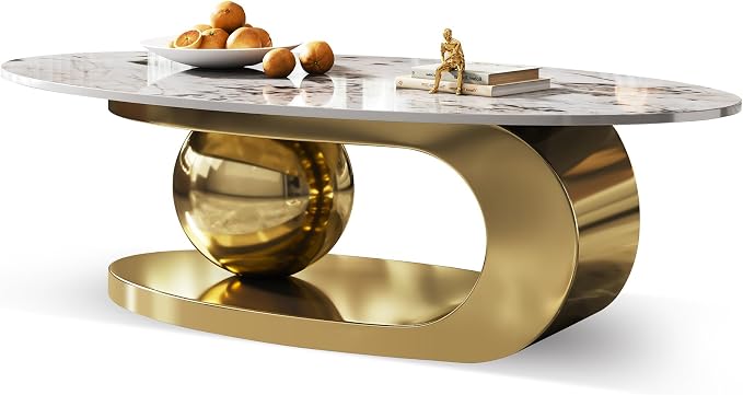 49.2" Modern Oval Marble Coffee Table – Gold Stainless Steel Base, Scratch-Resistant, Easy Assembly