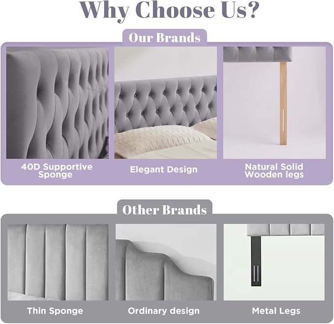 Tufted Upholstered Twin Size Velvet Headboard in Modern Button Design, Adjustable Solid Wood Head Board, Premium Sponge Padded Headboards in Bedroom (Gray)