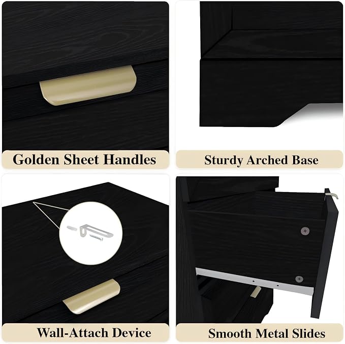 4 Drawers Dresser, Wooden Dresser for Bedroom with Large Drawer and Gold Handles Storage Chest Cabinet Organizer Living Room Closet Hallway, Black