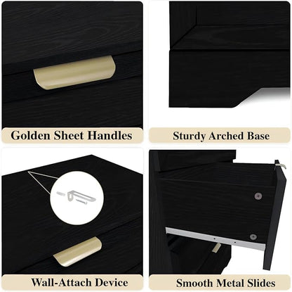 4 Drawers Dresser, Wooden Dresser for Bedroom with Large Drawer and Gold Handles Storage Chest Cabinet Organizer Living Room Closet Hallway, Black