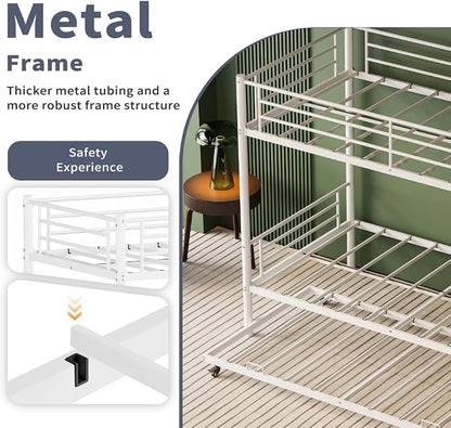 Metal Triple Bunk Bed, Twin Over Twins with Trundle, Heavy Duty Beds Frame with Ladder and Safety Rails for Small Bedroom, Space-Saving Noise Free (White)